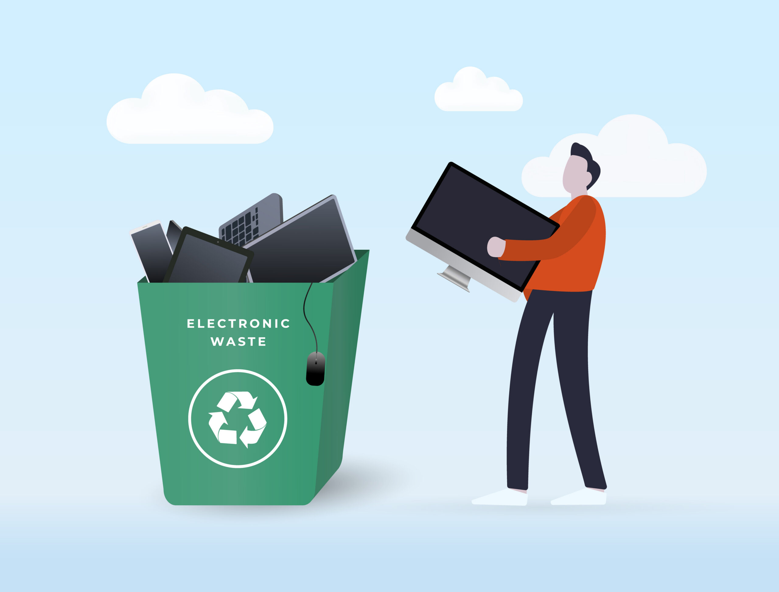 Electronic devices with e-waste logo sign, E waste disposal.