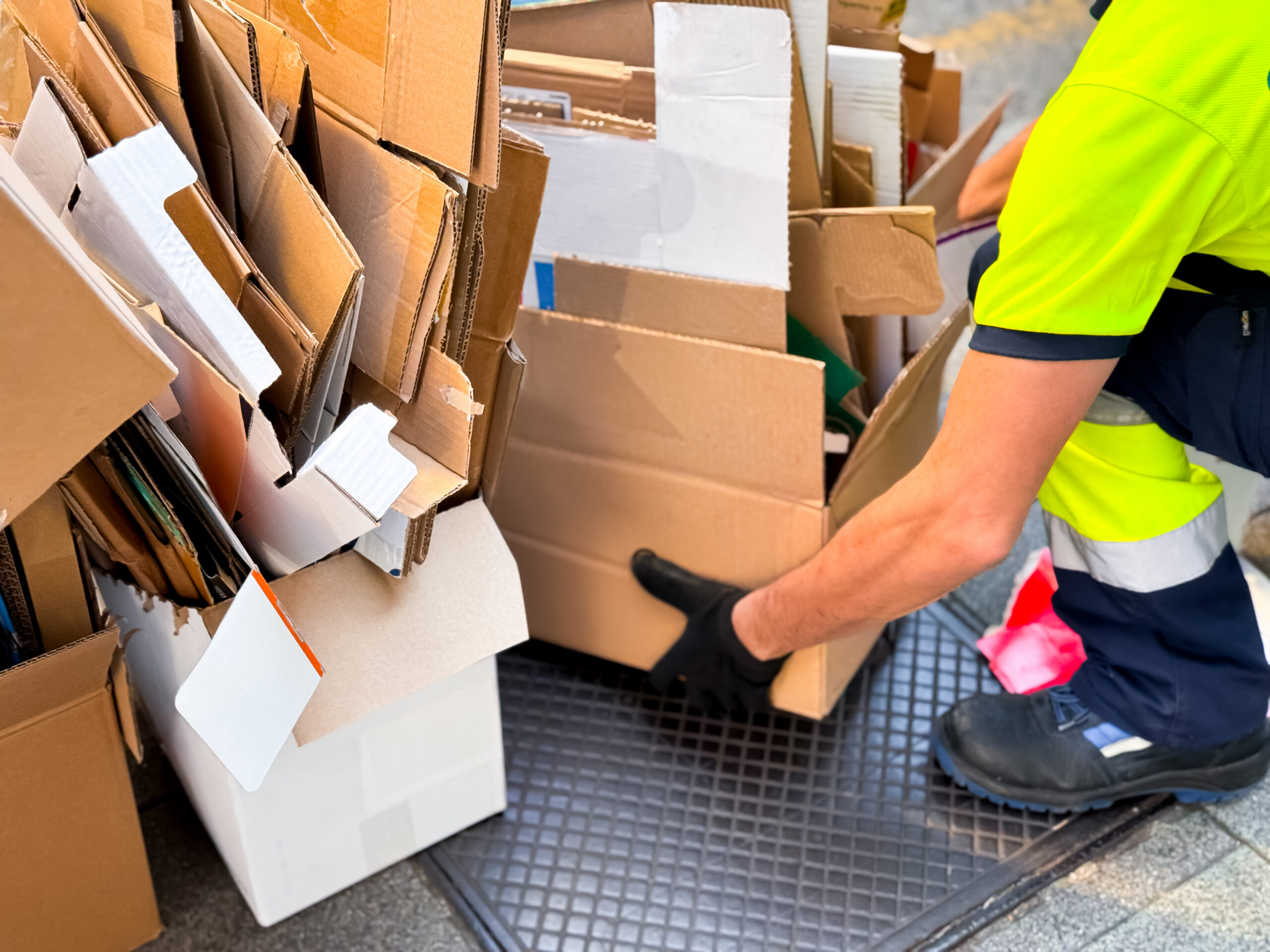 Organizing cardboard boxes for recycling, Cardboard collection.