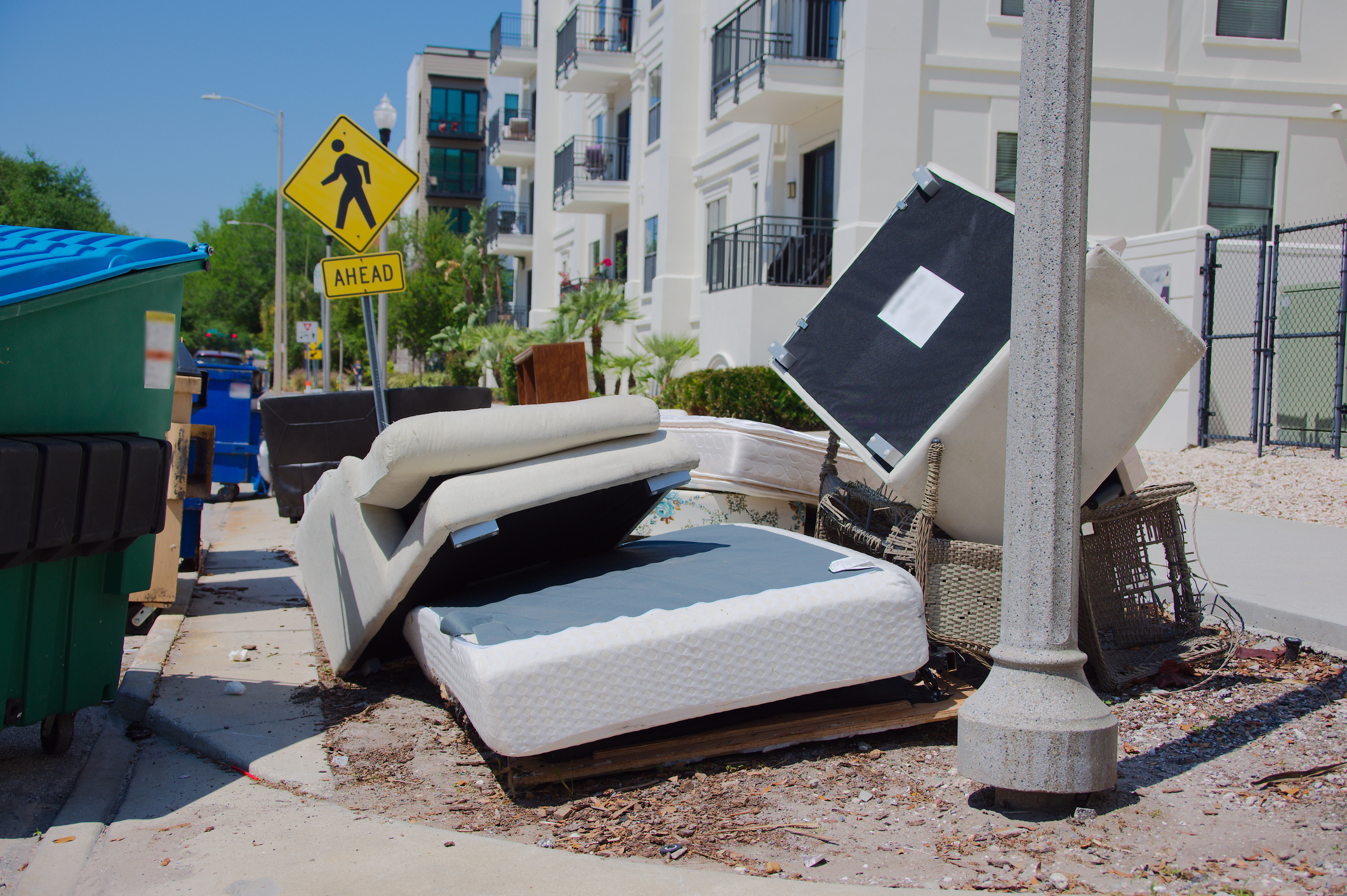 Mattresses and sofa cushions stacked at the curb outside a modern apartment, Bulk trash pickup.